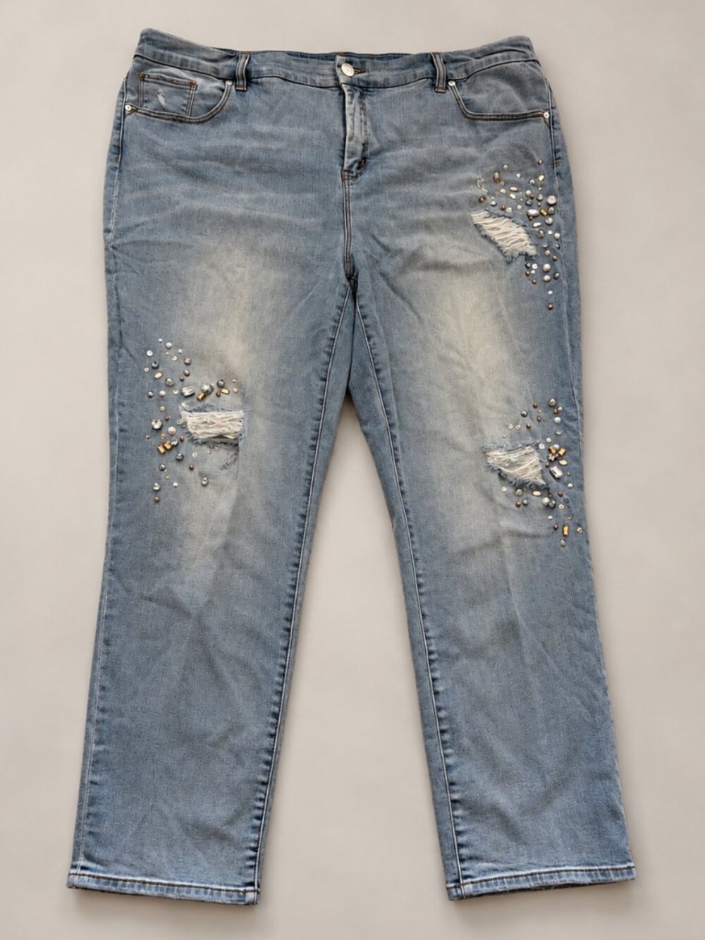 Chico's So Slimming Girlfriend Ankle Jeans 3.5R Rhinestone Distressed Plus Size